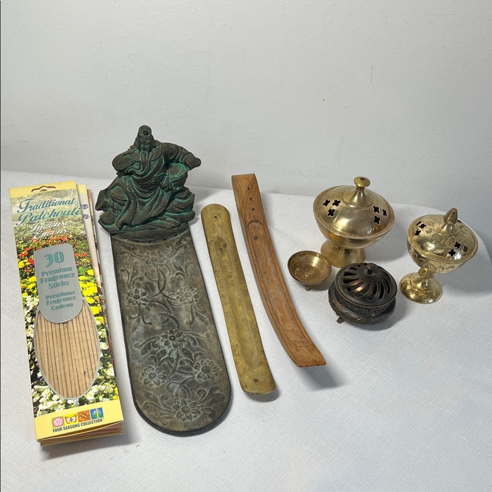 Incense Holders. Brass. Etched brass. 4 packs incense. Vintage